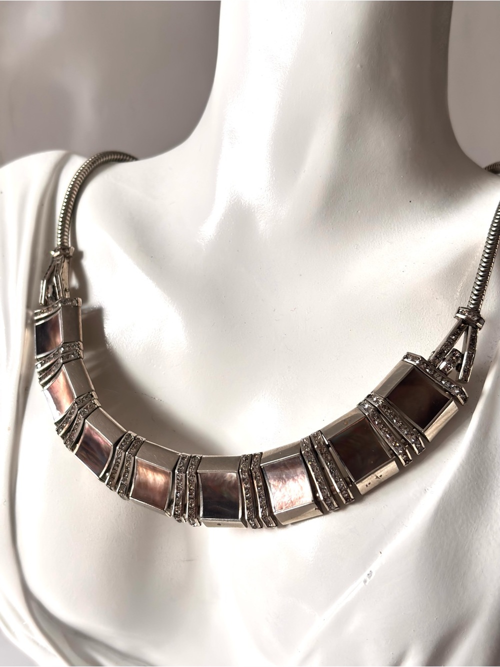 Vintage signed Esha Randel rhinestone and mother of pearl necklace